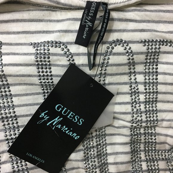 NWT GUESS by MARCIANO Short Sleeve Striped Silver Rhinestone J'ADORE Shirt Top - Picture 2 of 11